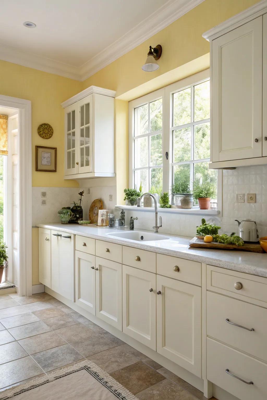 Soft pale gold walls introduce a cheerful and sunny vibe.