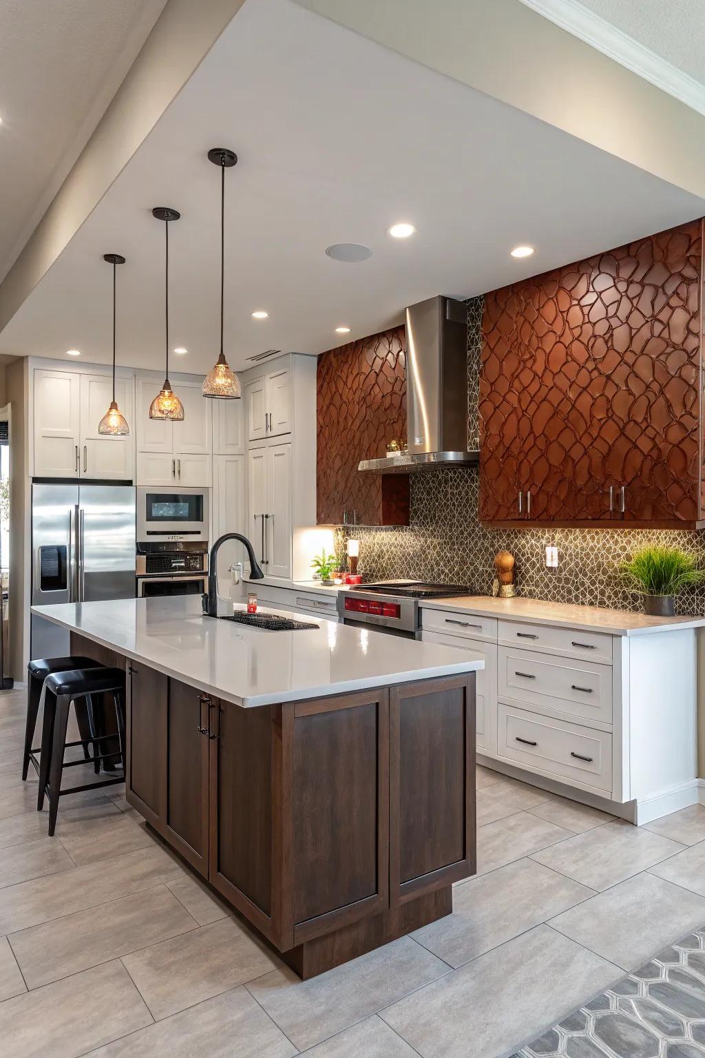 A kitchen transformed by a bold and textured accent wall.