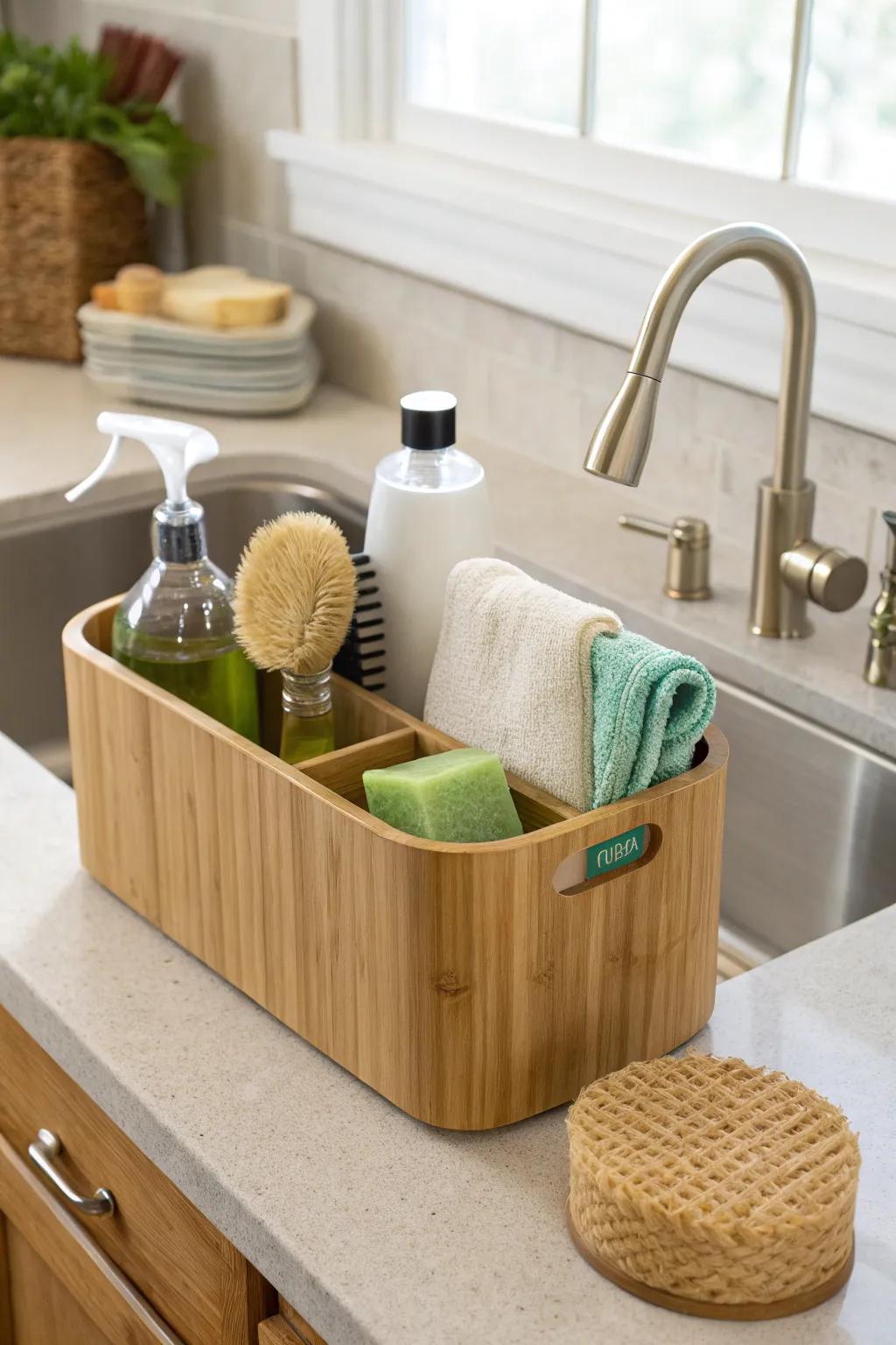 Eco-conscious bamboo racks add warmth and sustainability.