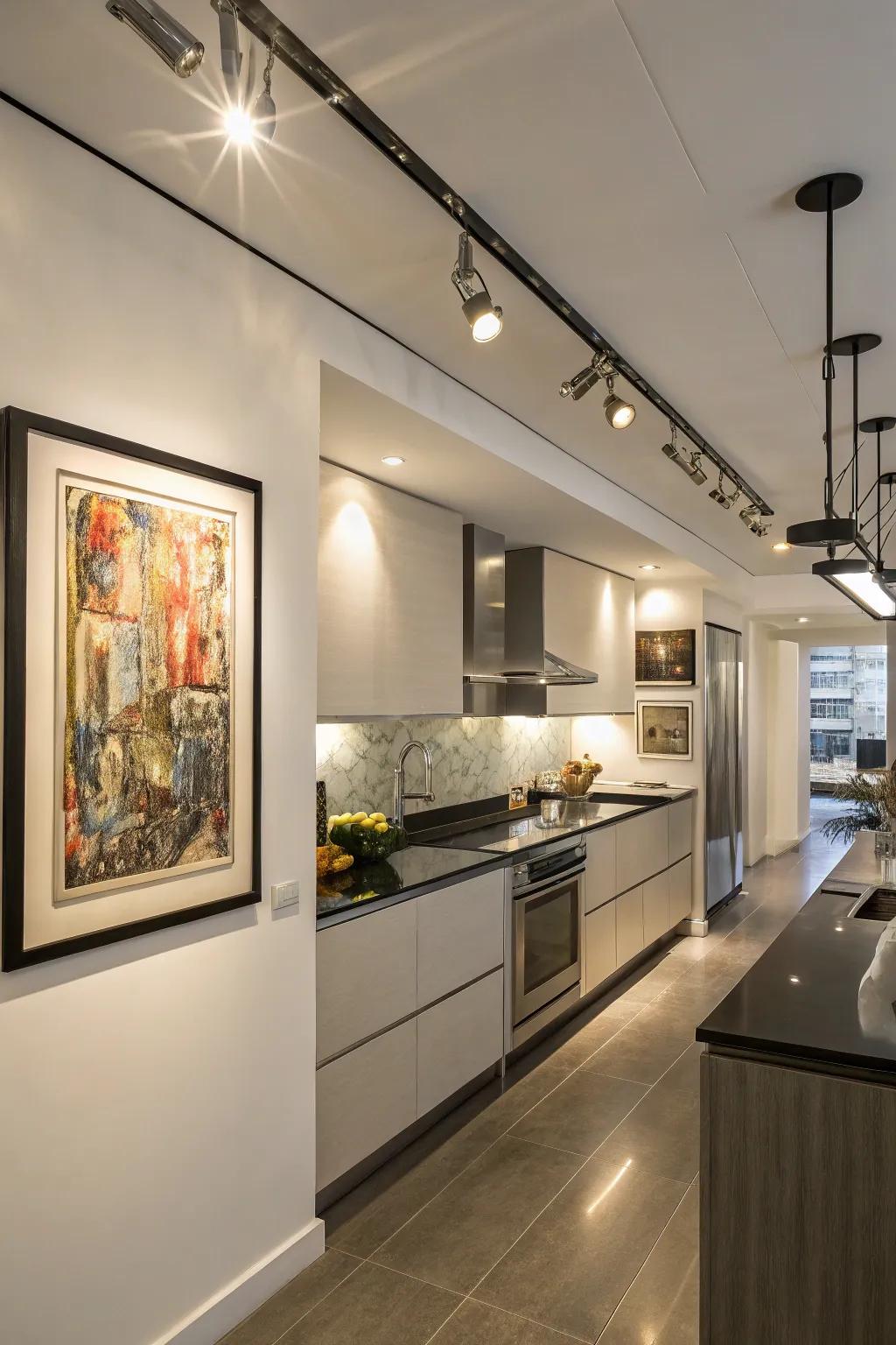Showcase artwork with strategically placed track lighting.