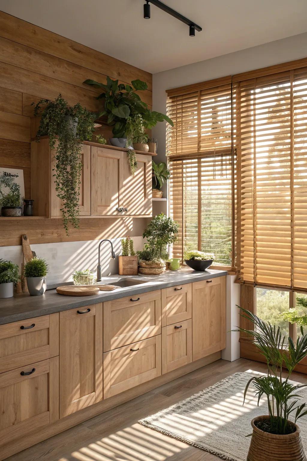 Wood blinds exude warmth and balance in kitchen environments.
