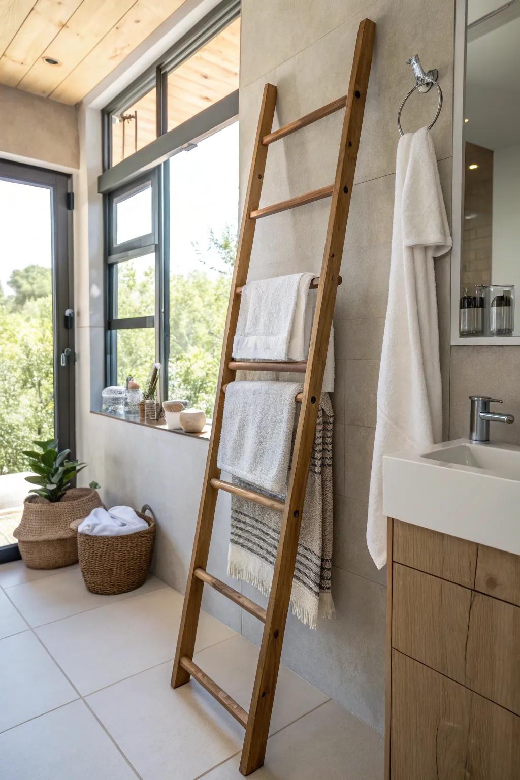 A ladder towel rack adds style and functionality to the bathroom.