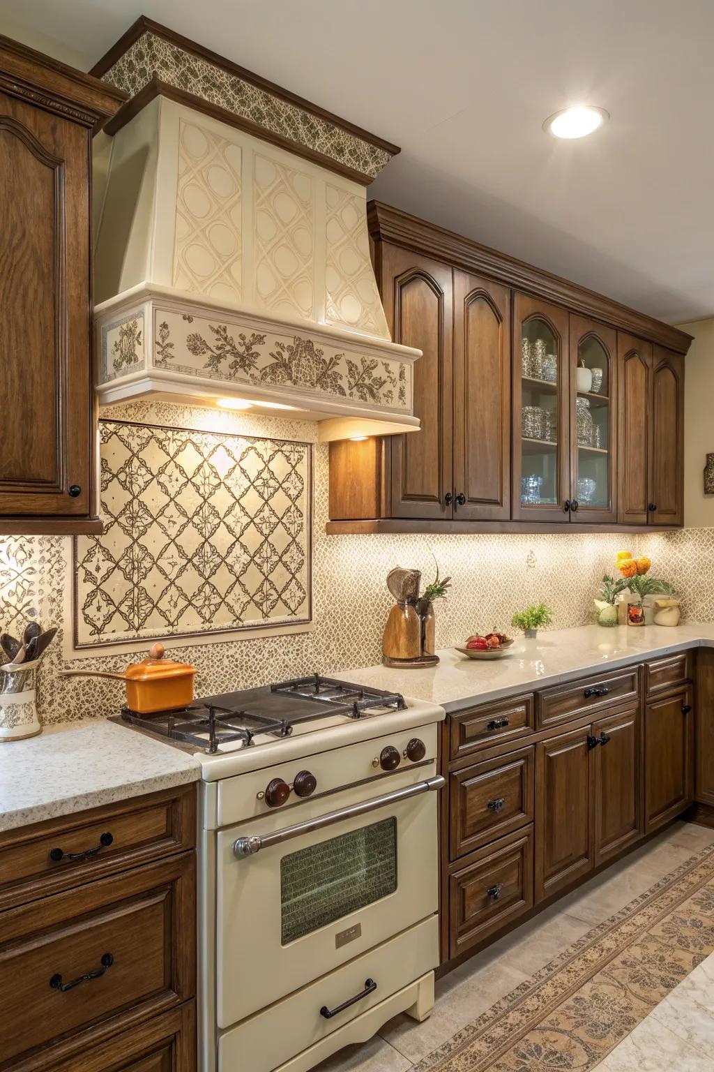Vintage-style composite backsplash for a nostalgic cooking area mood.