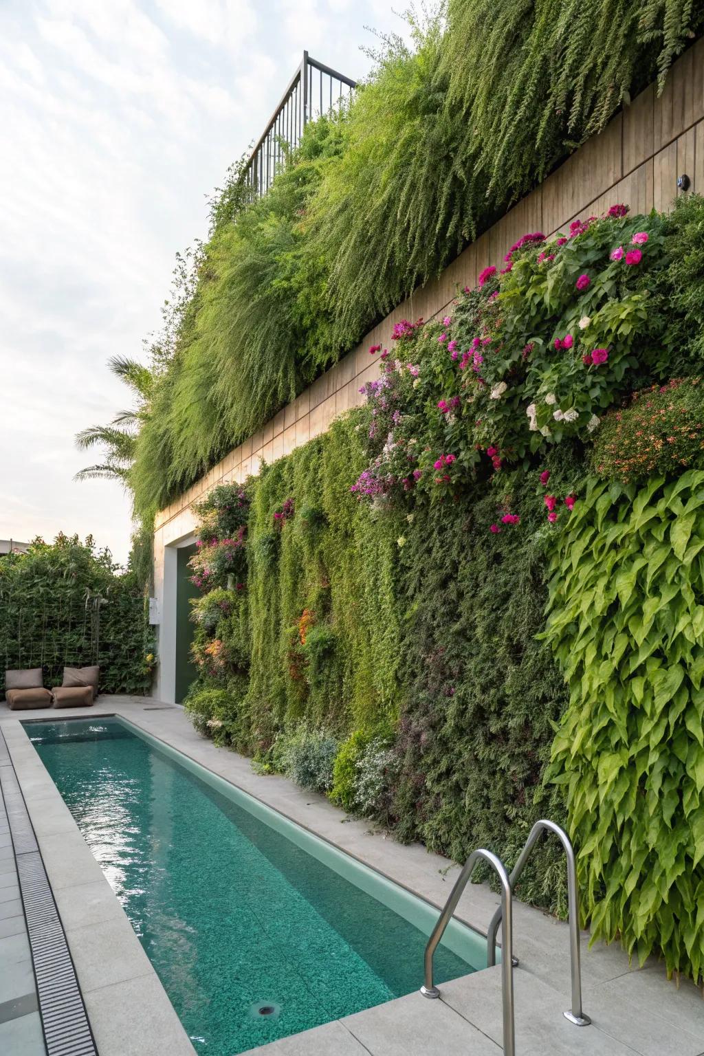 Upright gardens provide a rich, space-saving means to hide pool equipment.