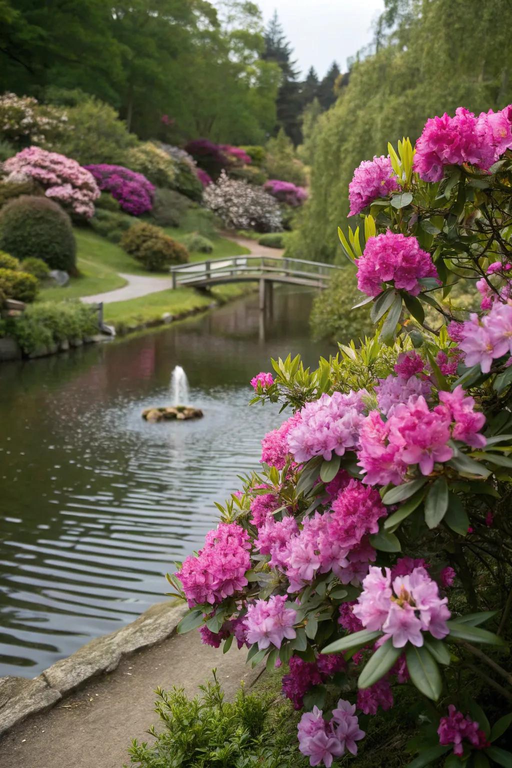 Rhododendrons amplifying a tranquil garden water element.