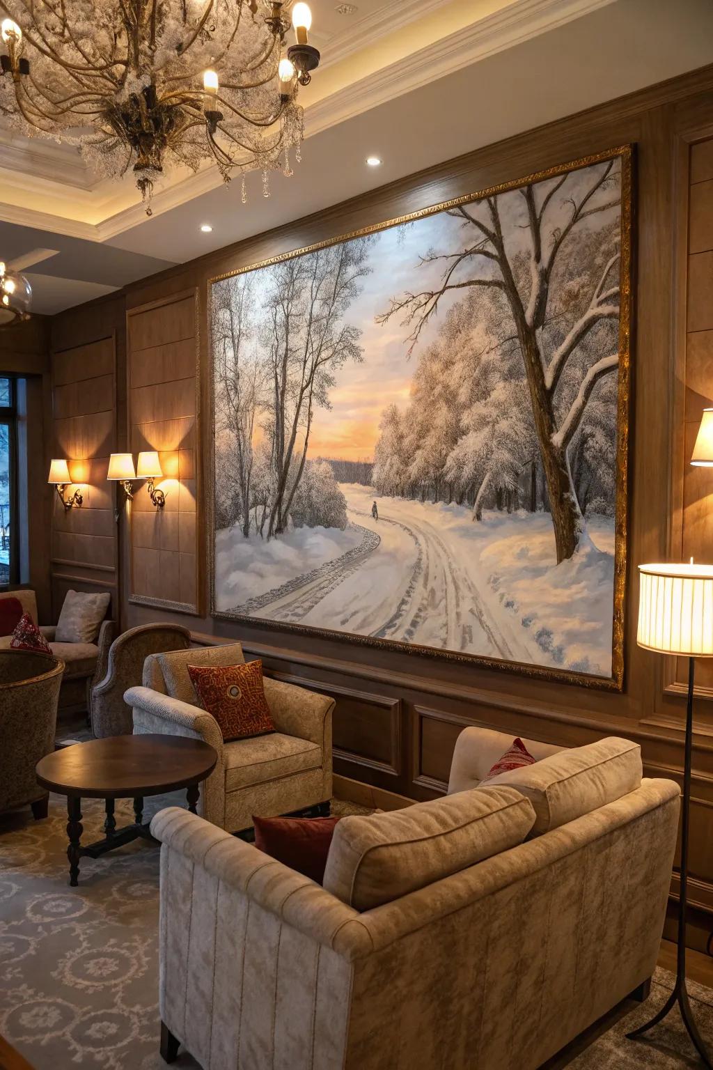 A winter scene painting adds a cozy and seasonal touch to the room.