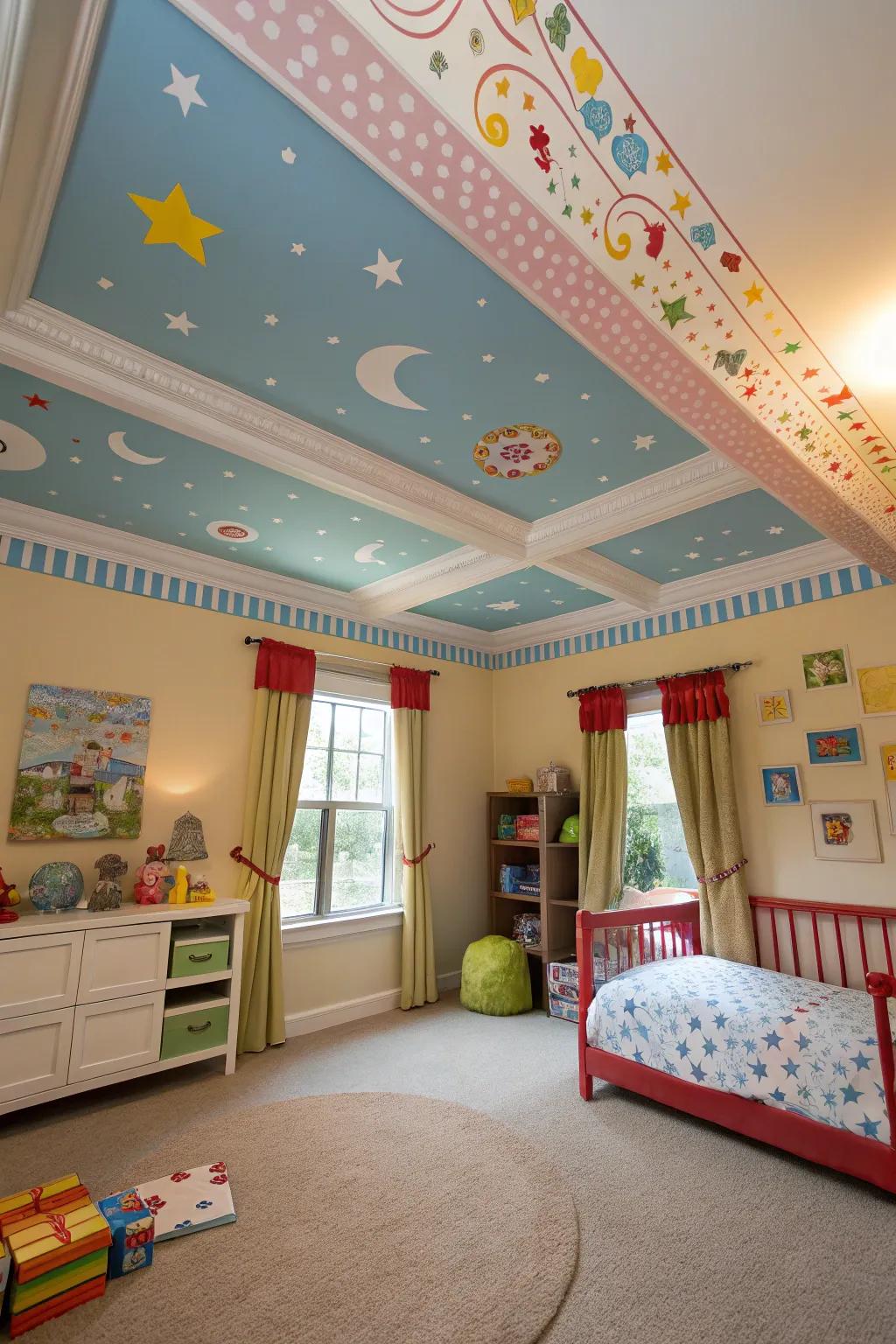 A playful kid's space with ample sized crown shaping outlining a fanciful overhead surface layout.