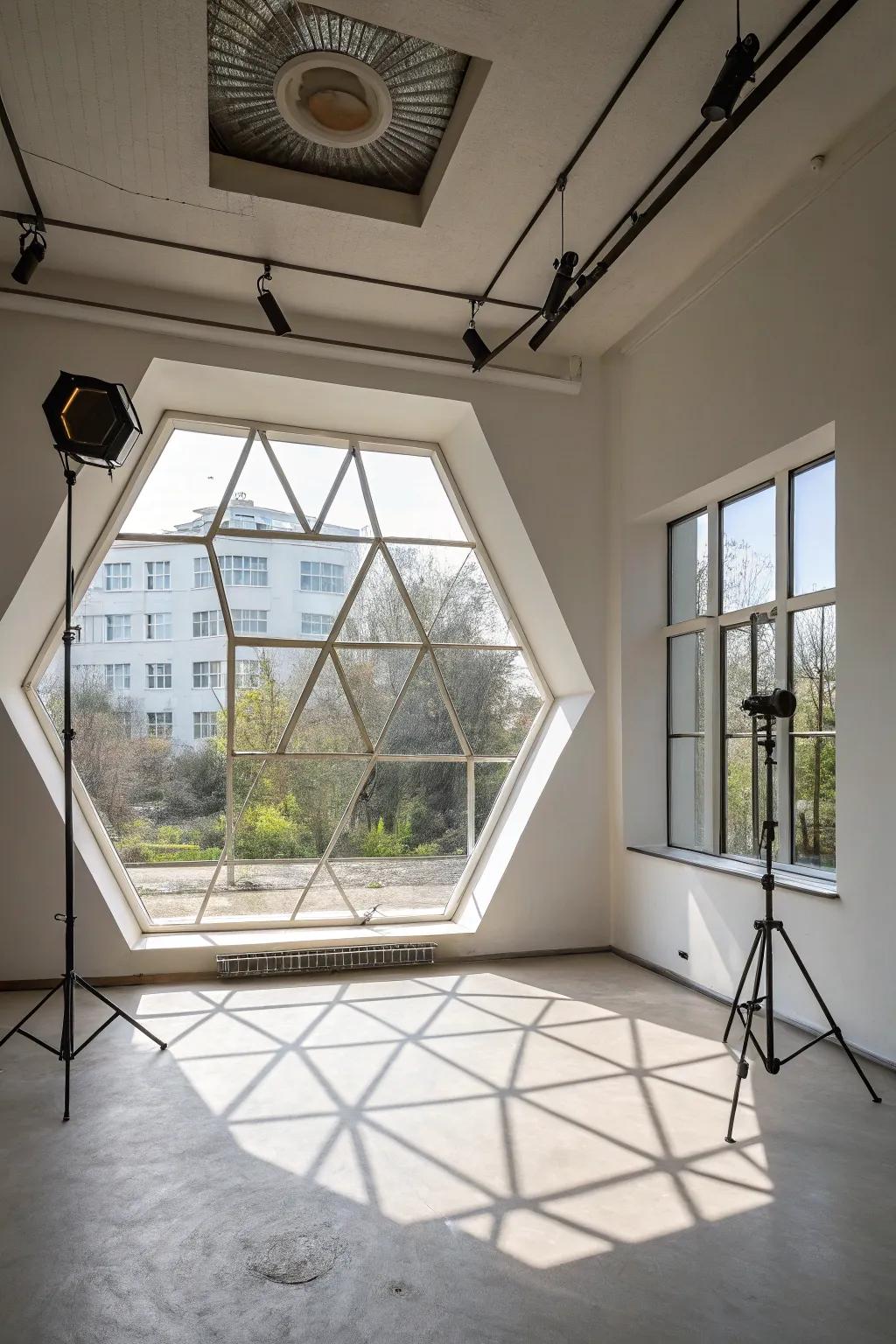 A unique hexagonal window building a current architectural declaration.