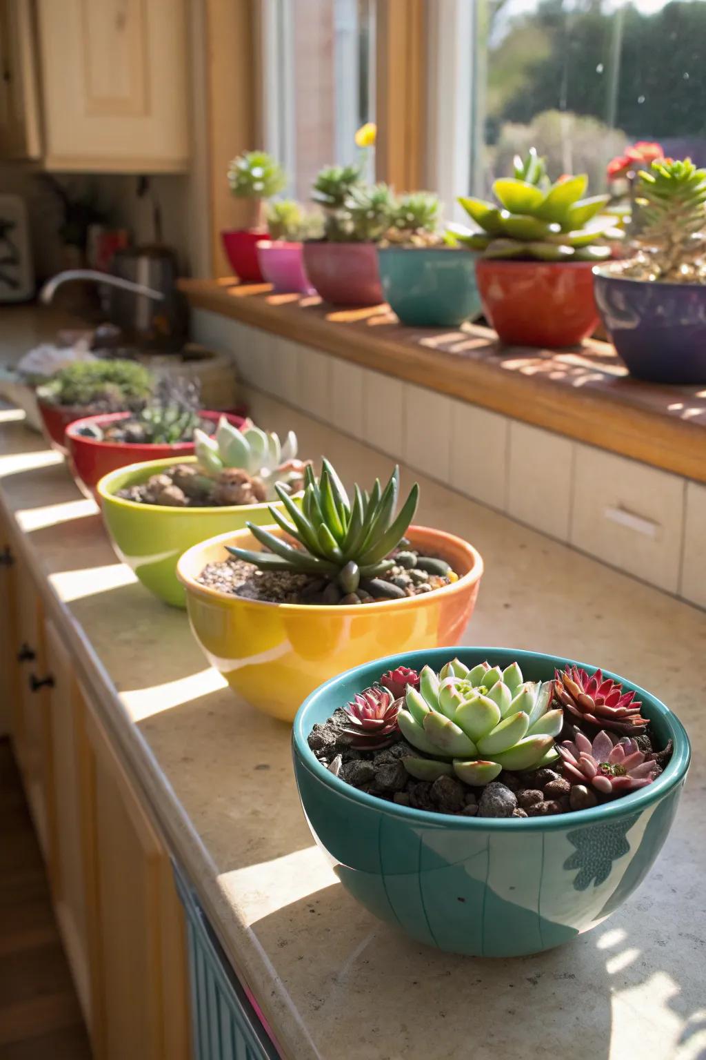 A collection of colorful ceramic bowls showcasing succulents.