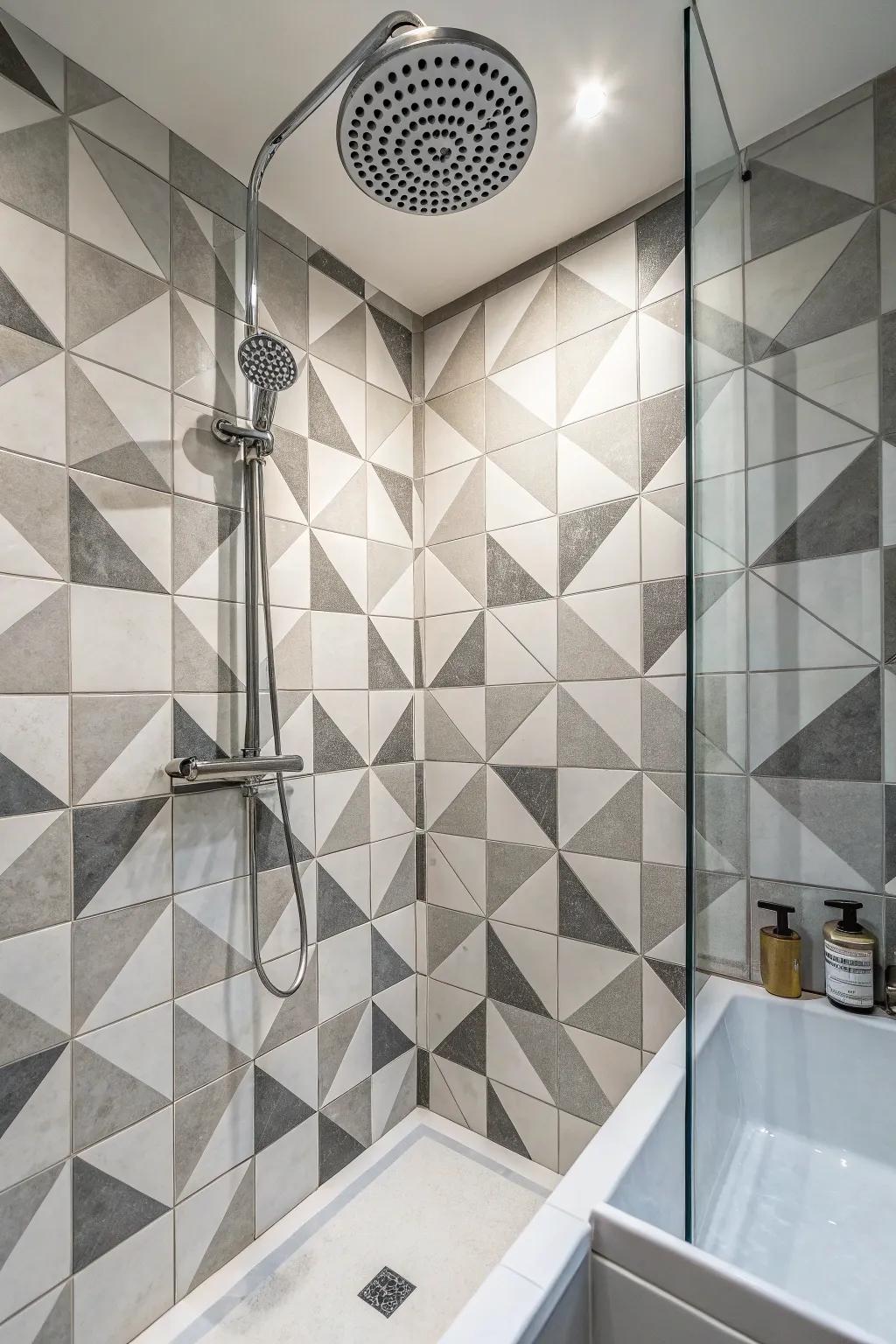 Crosshatch patterns introduce an unexpected flair to the shower.