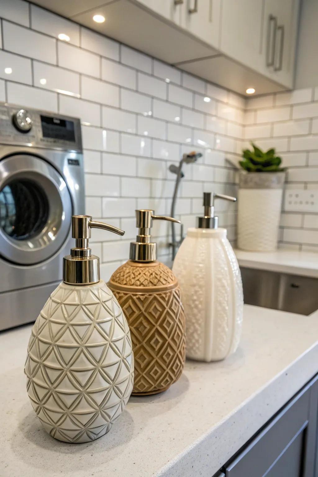 Ceramic dispensers add an artistic flair to your laundry setup.