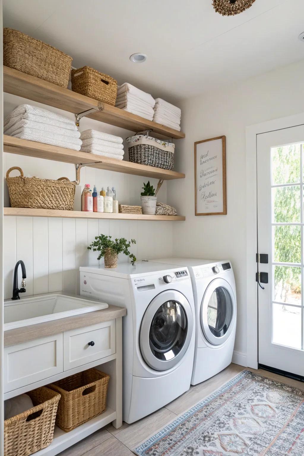 Floating shelves impart a bright and expansive ambiance to the laundry room.