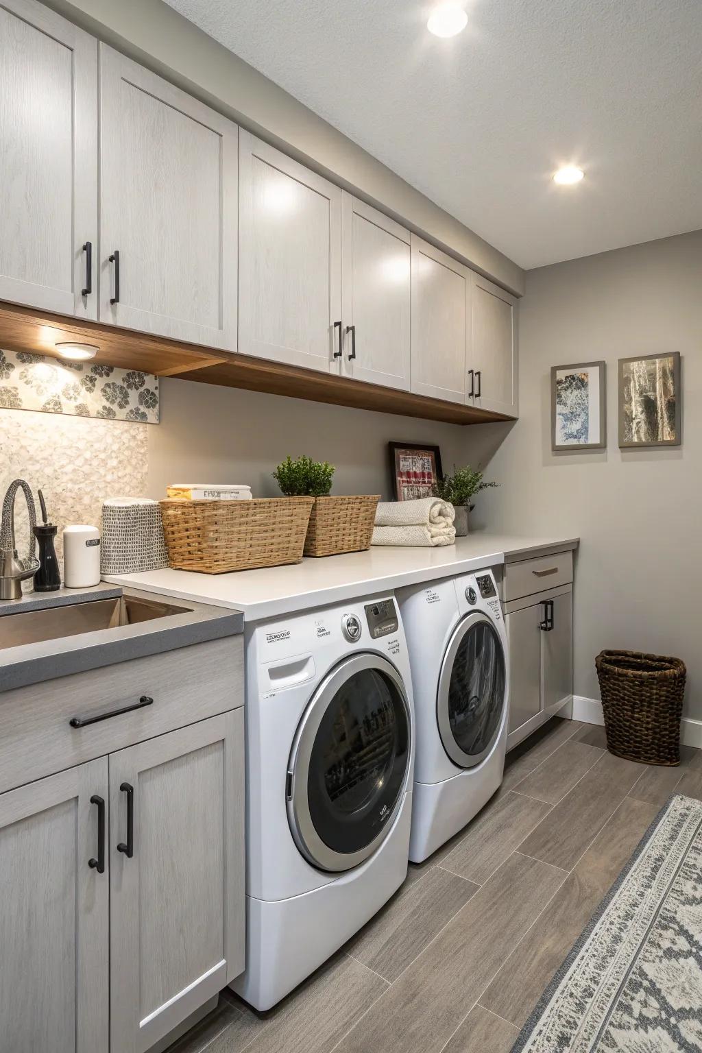Versatile laminate countertops in a modern laundry room.