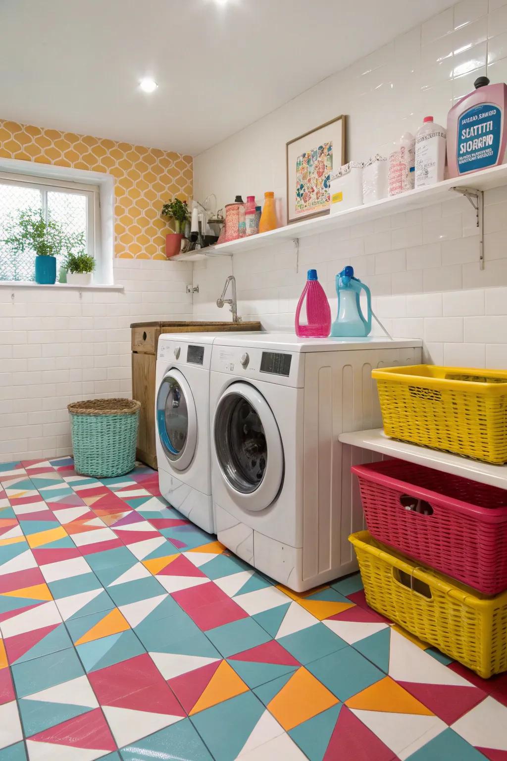 Striking colors make a bold impression in this laundry space.