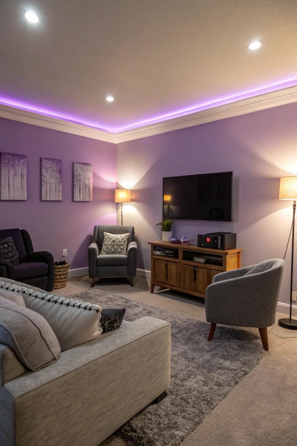 A living room showcasing a bold lavender accent wall for a dramatic effect.