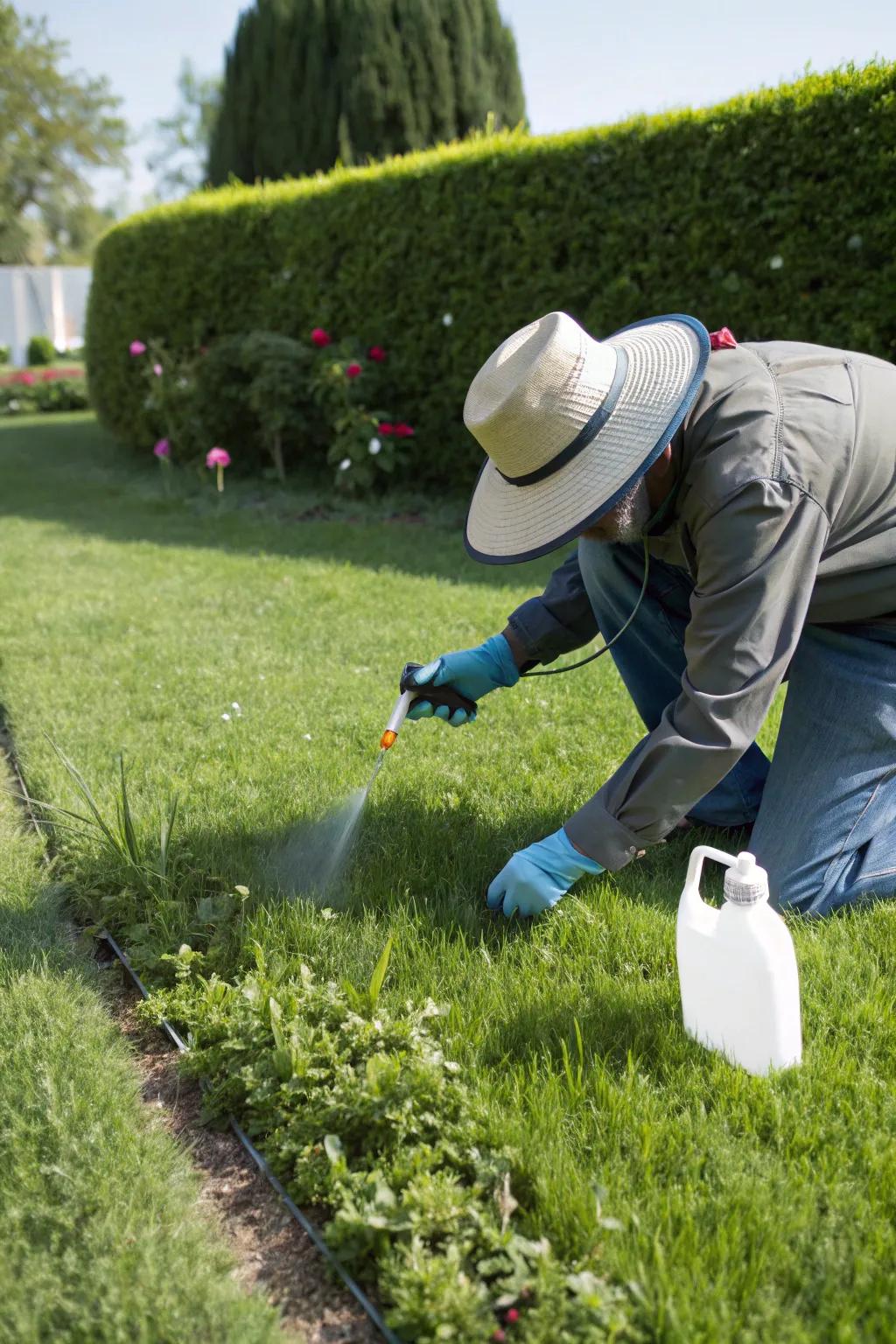 A proactive gardener maintaining a pristine lawn by selectively treating weeds.