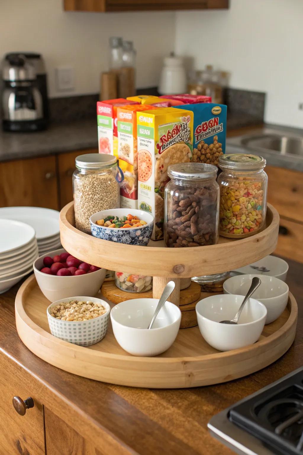 A convenient breakfast area setup on a rotating tray.