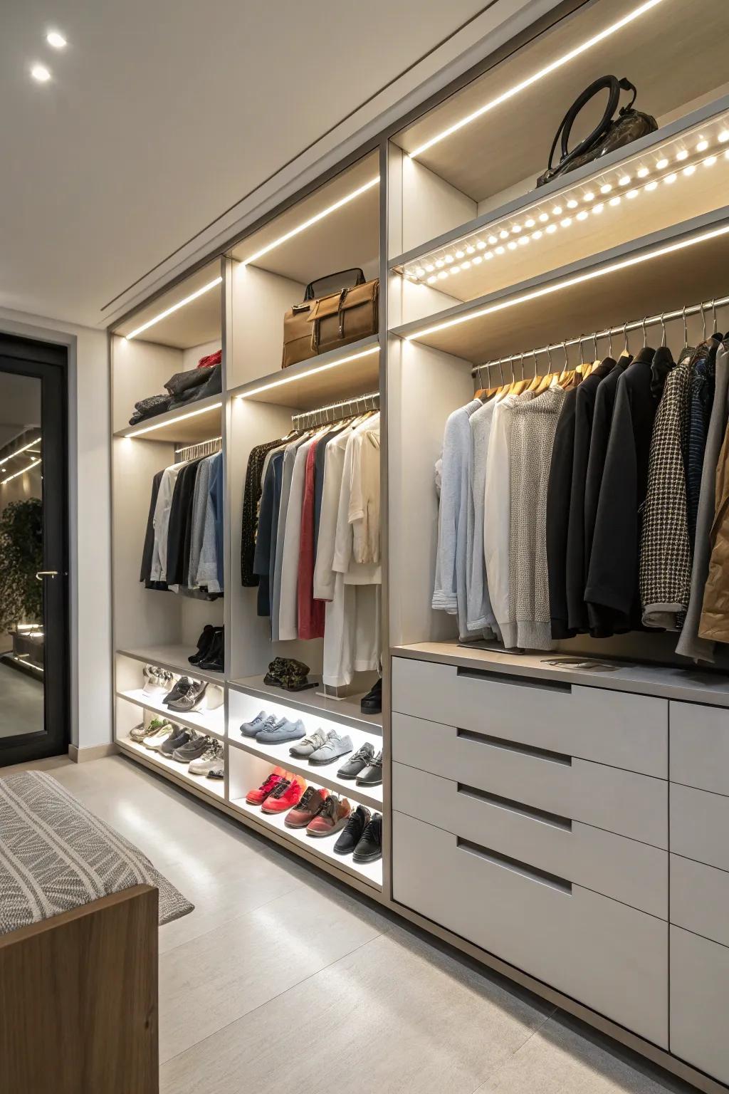 Boutique vibes projected in your closet using LED lighting.