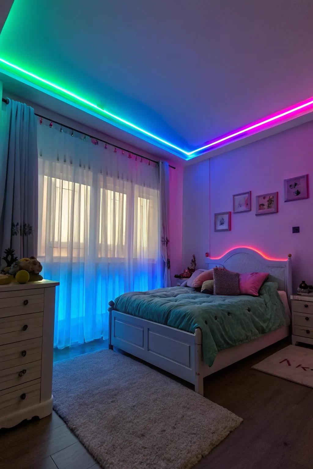 A vibrant bedroom featuring vibrant colors from luminous diodes bars.