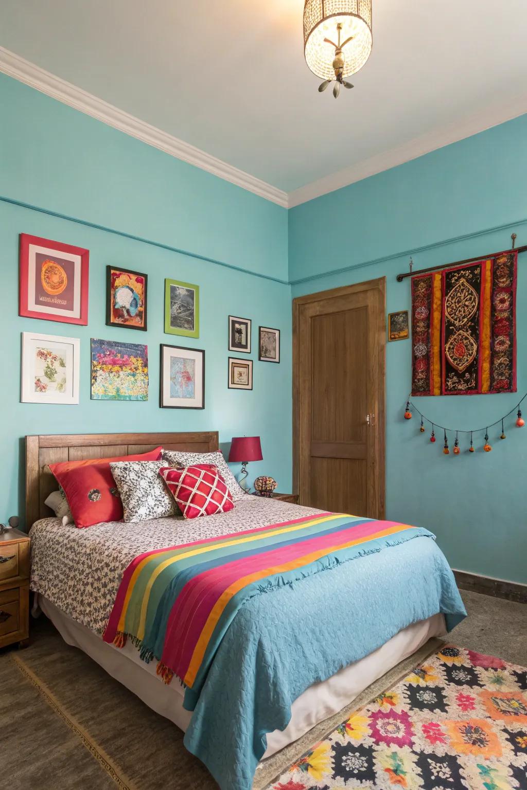 A bedroom featuring light blue walls contrasted with bold colors for vibrant energy.