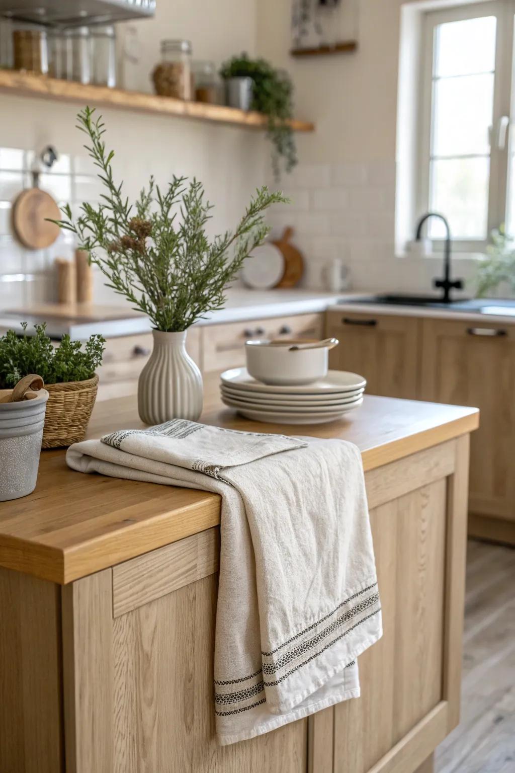 Enhance comfort with inviting natural fibers in your kitchen decor. <strong><em>Feel the gentle embrace!</em></strong>&rdquo; loading=&rdquo;lazy&rdquo; class=&rdquo;pimg&rdquo;>
	</picture><figcaption>Enhance comfort with inviting natural fibers in your kitchen decor. <strong><em>Feel the gentle embrace!</em></strong></figcaption></figure>
<p>Incorporate natural fibers like linen or cotton in kitchen cloths or window dressings. These materials introduce a sense of comfort and enrich the comfort of delicate tan tones.</p>
<h3>May just do the trick:</h3>
<ul class=