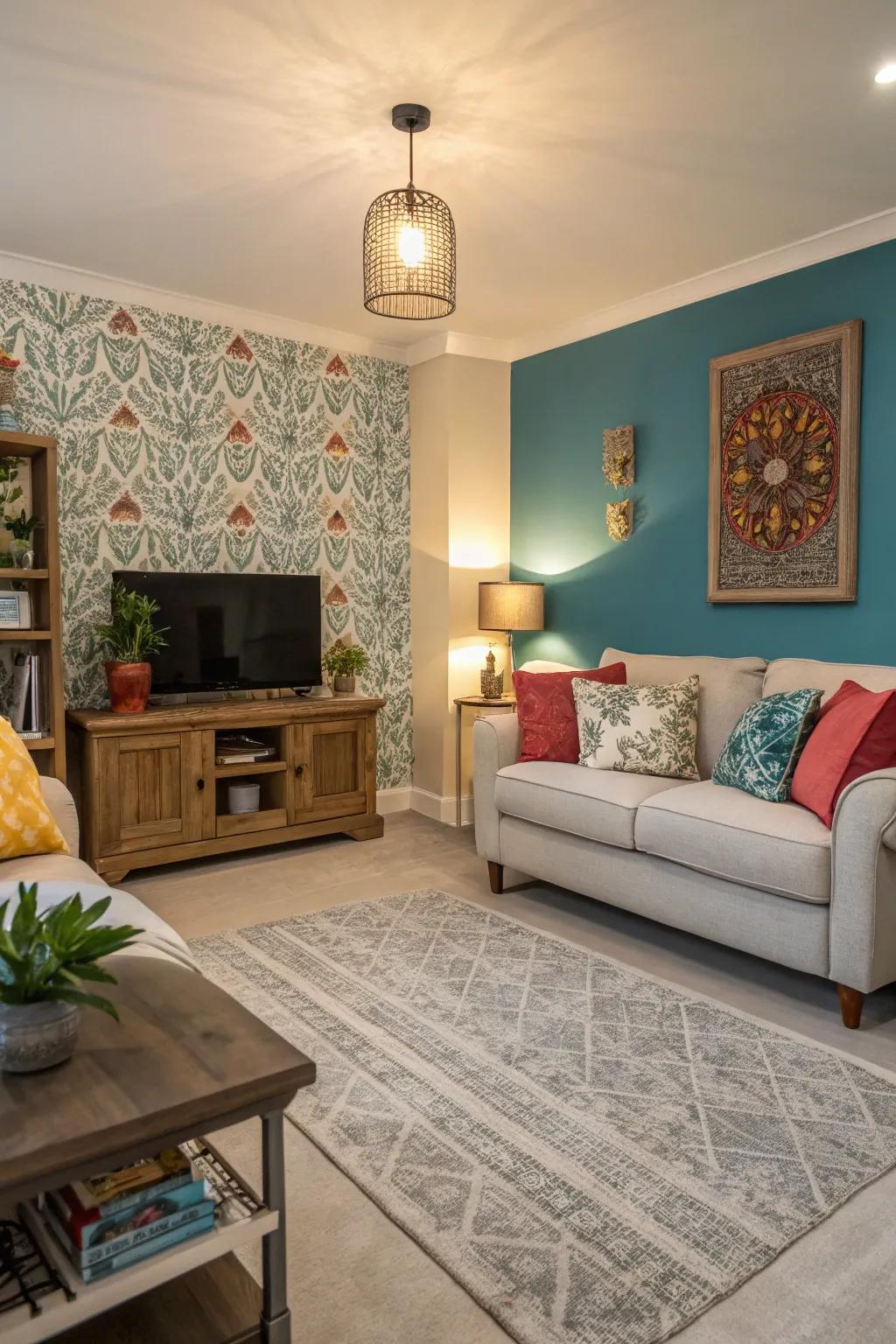 A vibrant living room with light grey flooring and a bold accent wall.
