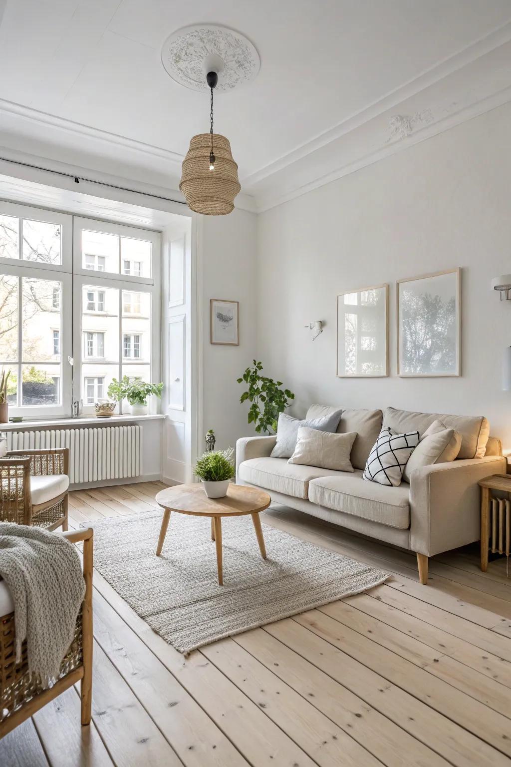 A Scandinavian-inspired living room that exudes simplicity and functionality with light wood floors.