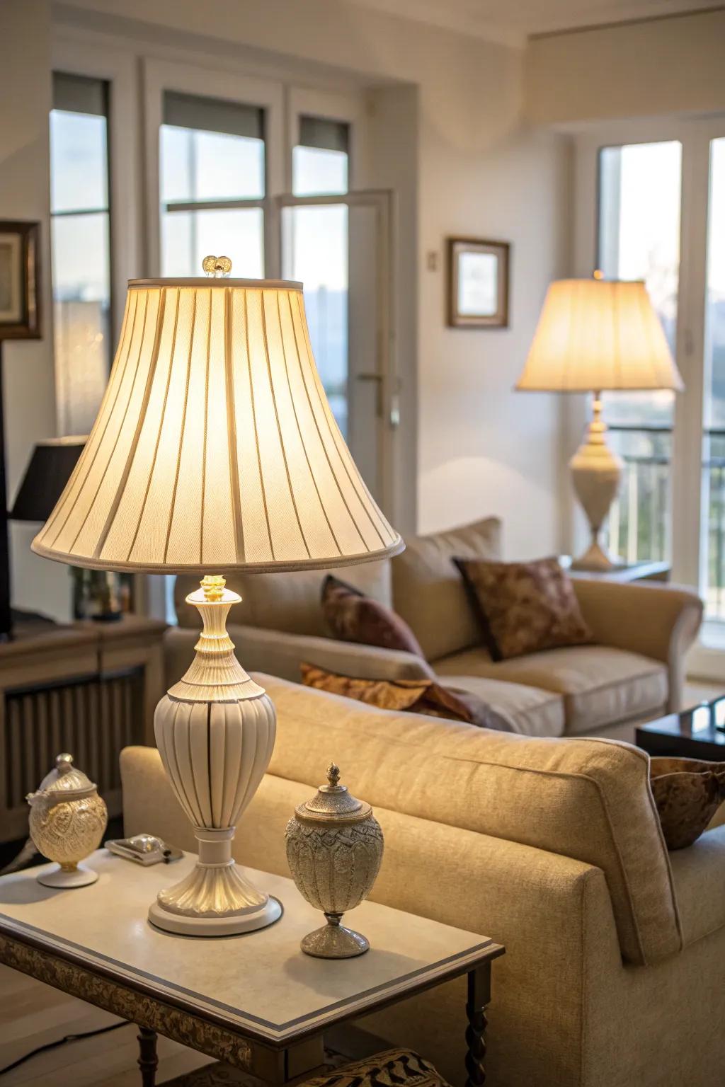 Radiant-colored light dispersers contribute to maximizing luminescence and engendering an airy sensation.