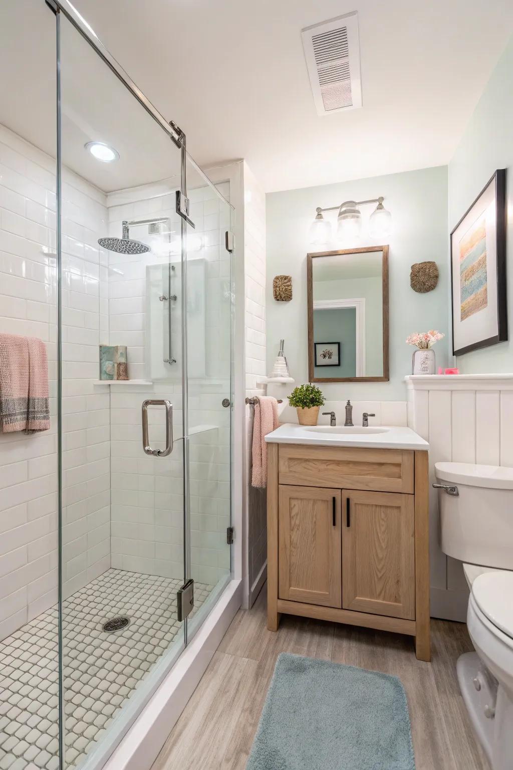 A barrier-free shower that optimizes space in a small bathroom.