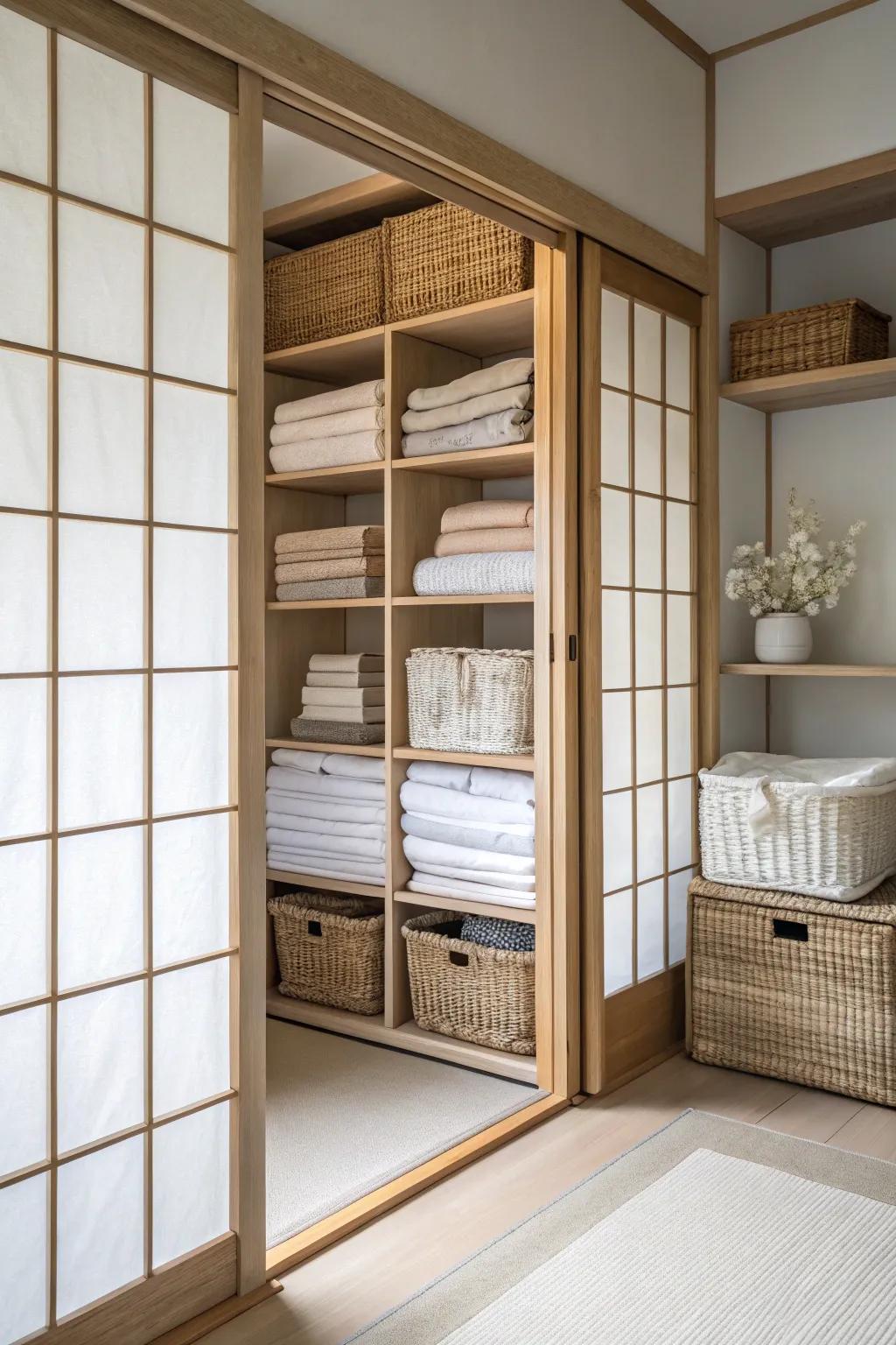 Glideable Japanese screens provide elegance and tranquility to a linen closet.