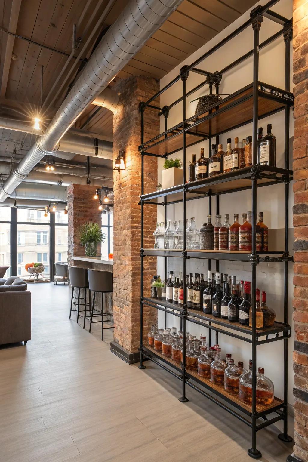 Urban edge with industrial pipe shelving.