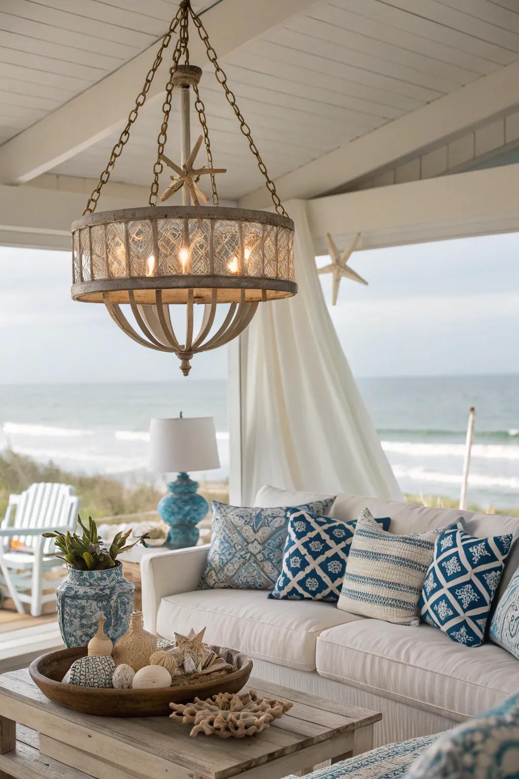 A coastal living room featuring a nautical-themed overhead light.