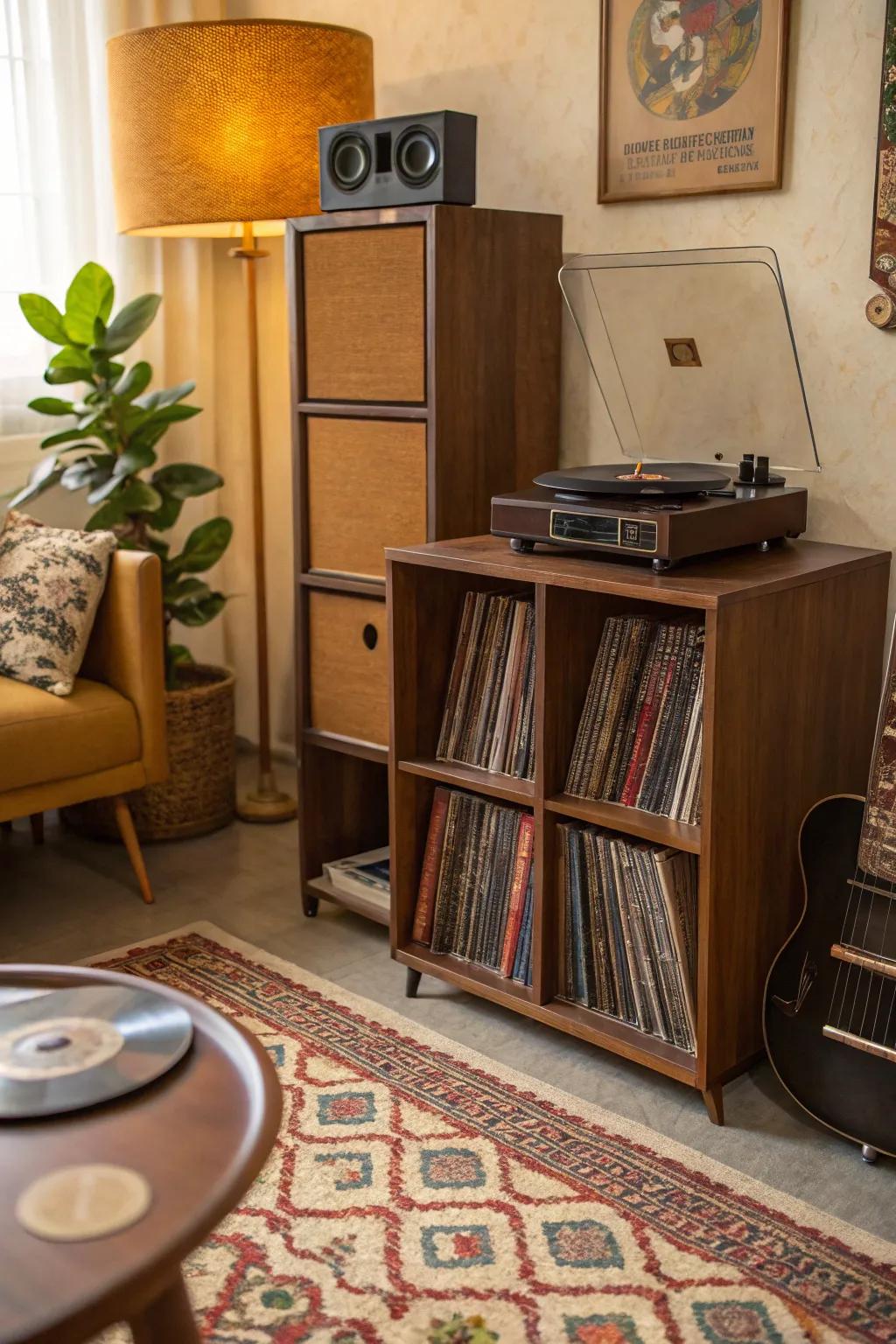 A vintage-themed record display utilizing modular shelving for a nostalgic sensation.