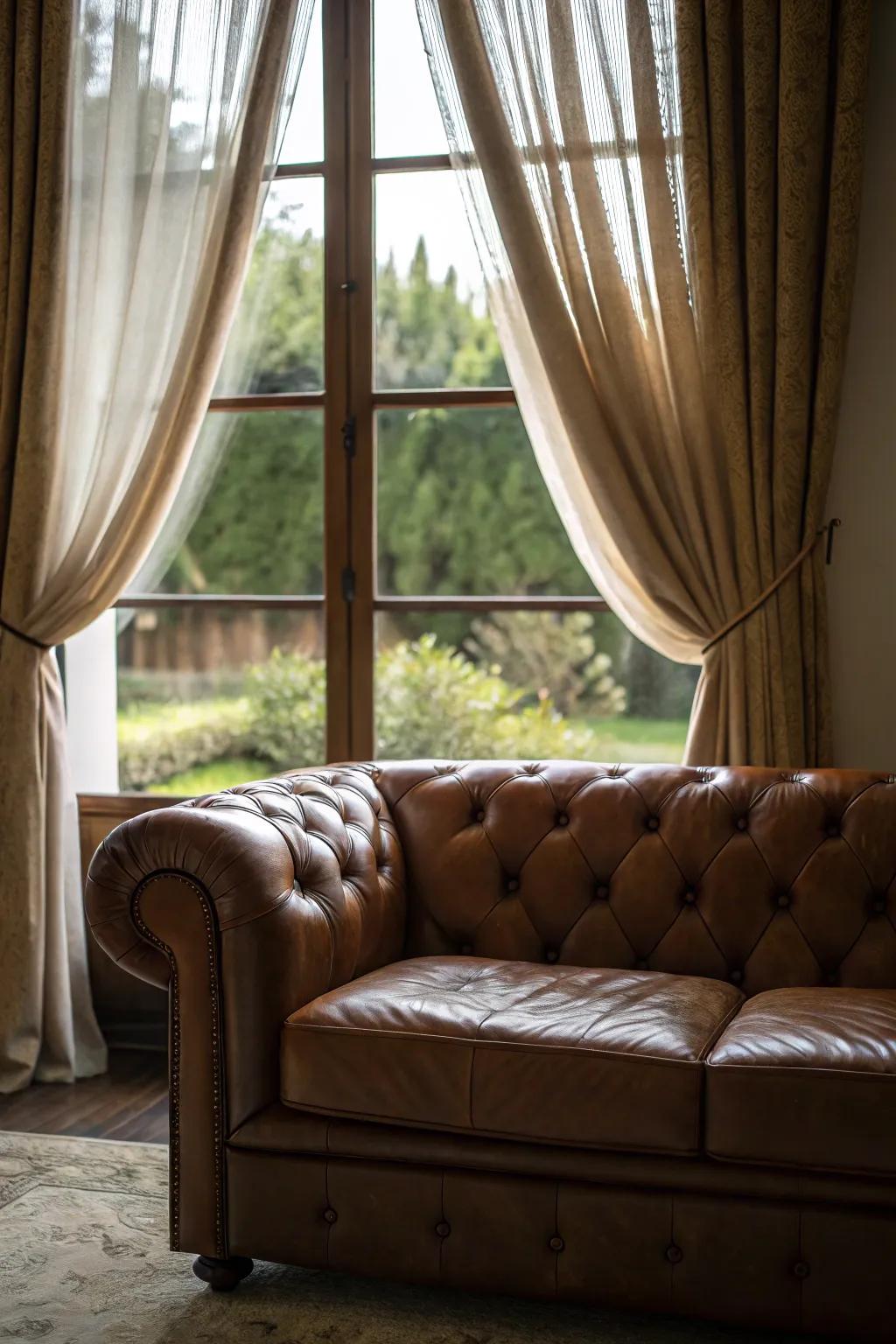 Window dressings impart refinement and a sense of snug comfort around the sofa.