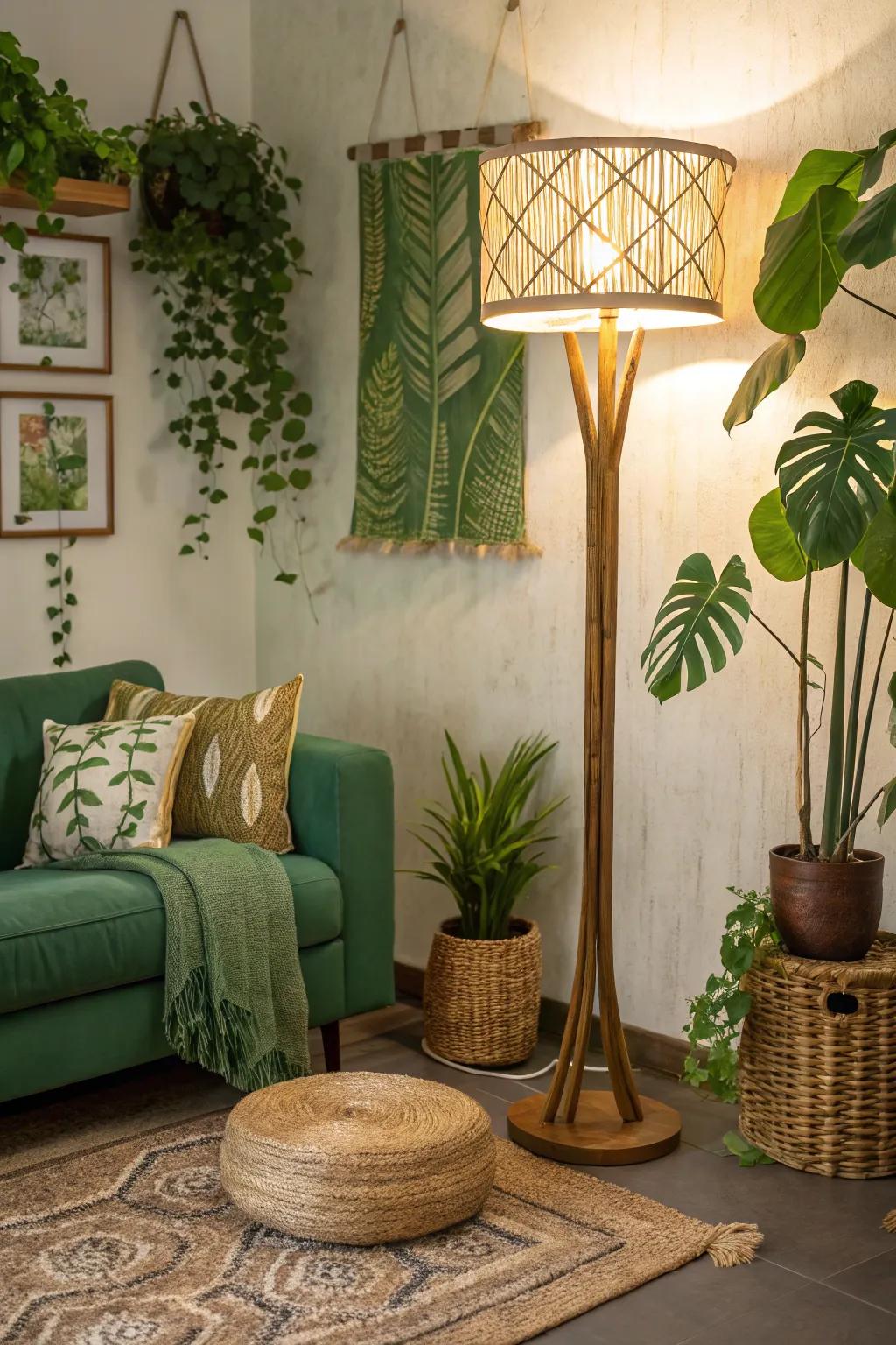 An eco-friendly family room with a sustainable standing lamp.