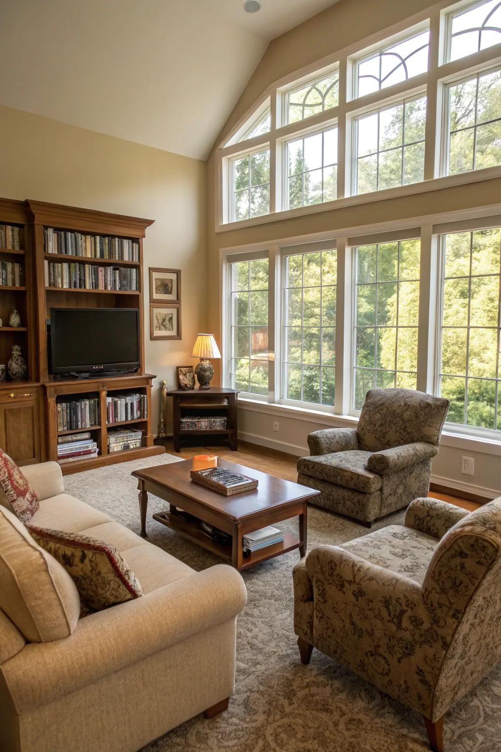 A bright living room featuring seating arranged to maximize natural light.