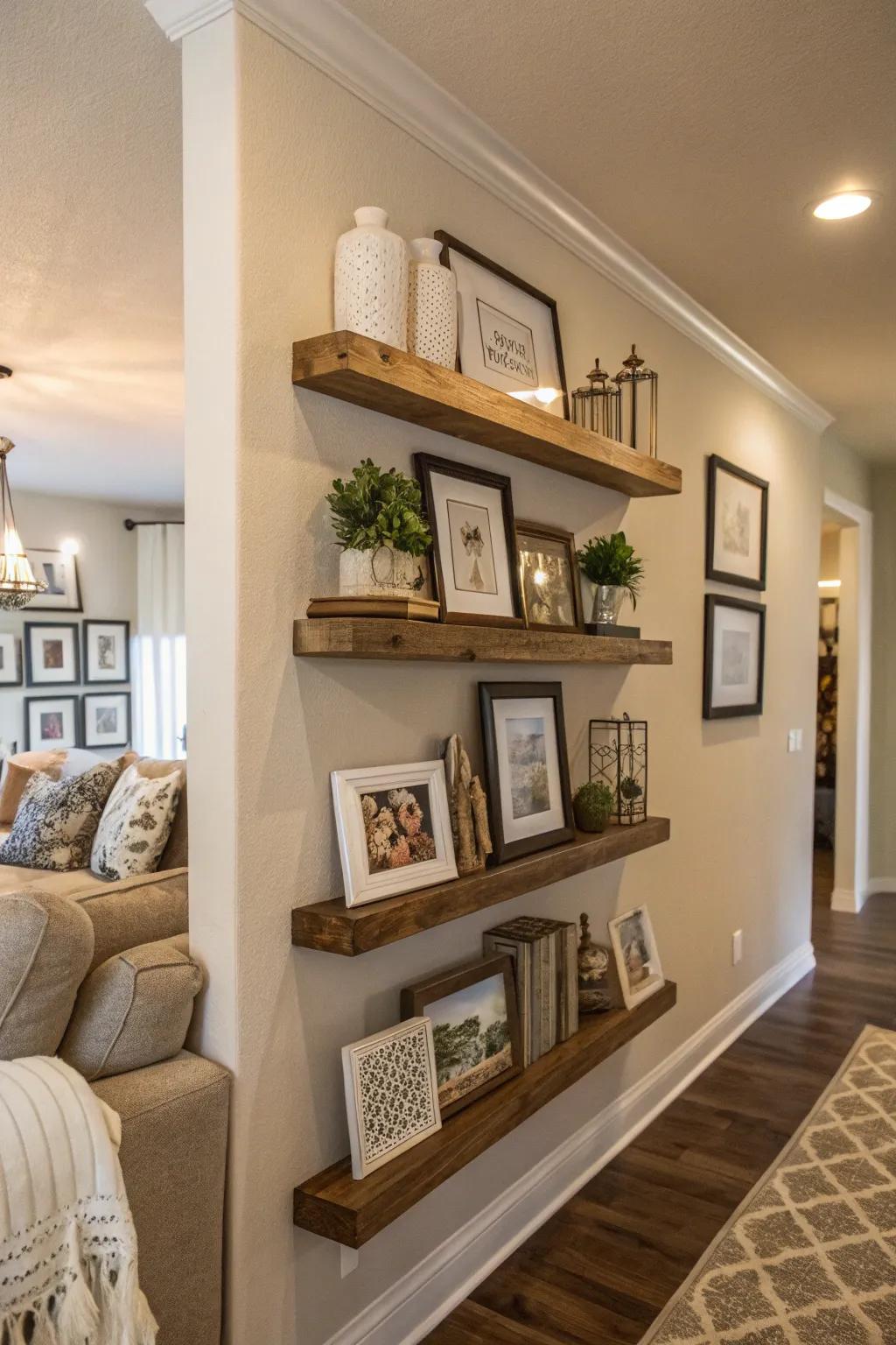 Layer your visual space with floating ledges that add depth and functionality.