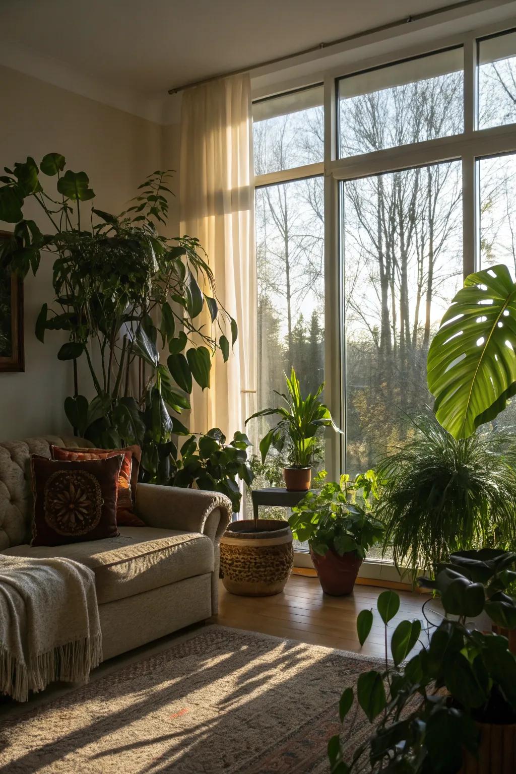 Deepen your space's ambiance through indoor foliage adjacent to the window.