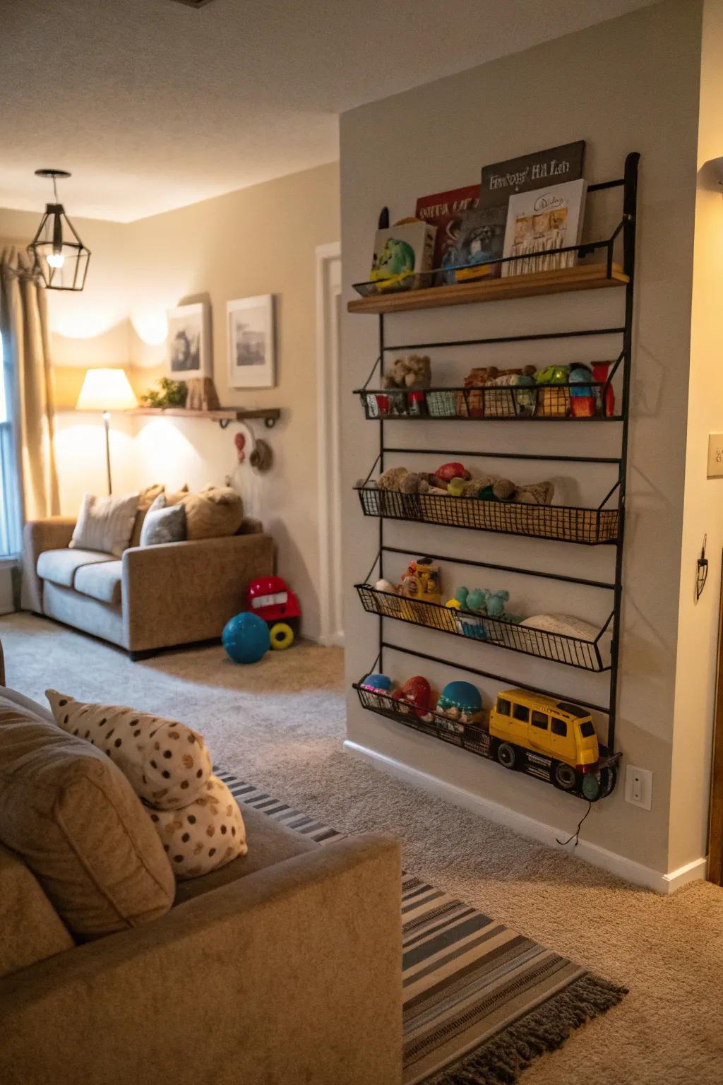 Wall-mounted racks keep toys organized and off the floor.