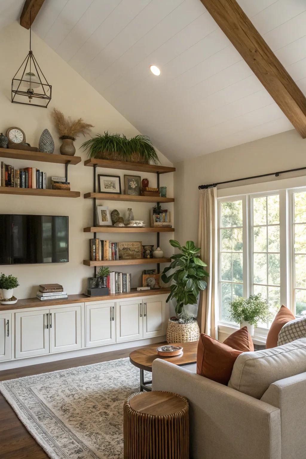 Floating shelves add style and functionality to a vaulted ceiling wall.
