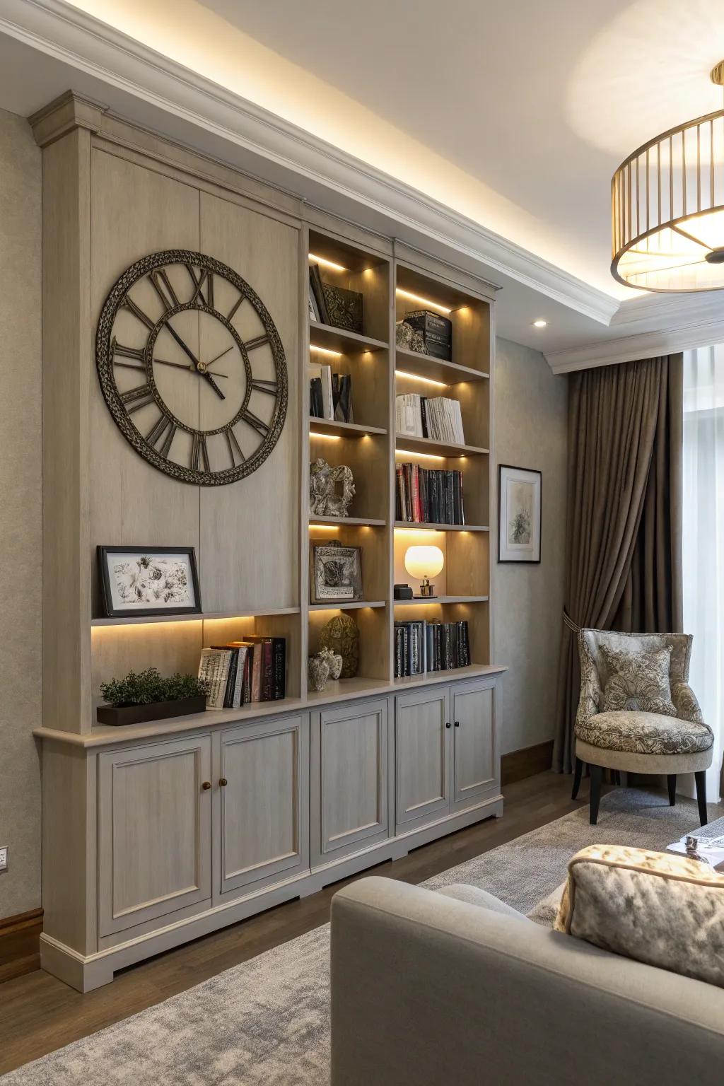 A wall clock in a shelving unit balances style and organization.
