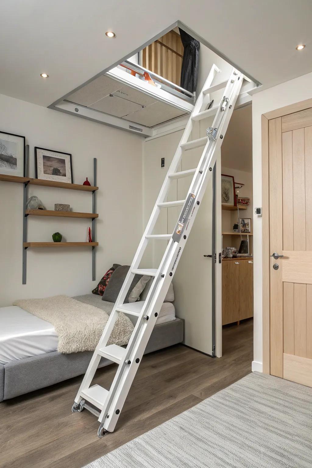 Compact concertina ladder for space efficiency.