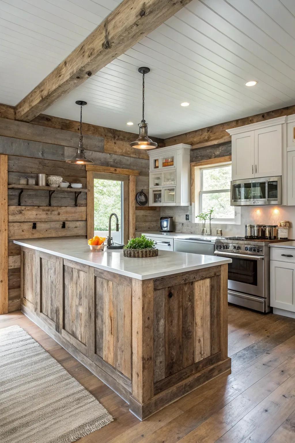 Reclaimed wood adding historic charm to this kitchen ambiance.