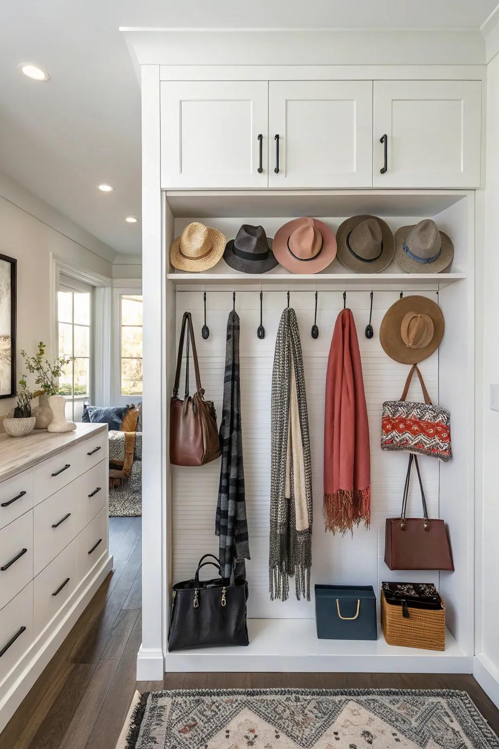 Hooks: a smart way to keep accessories organized.