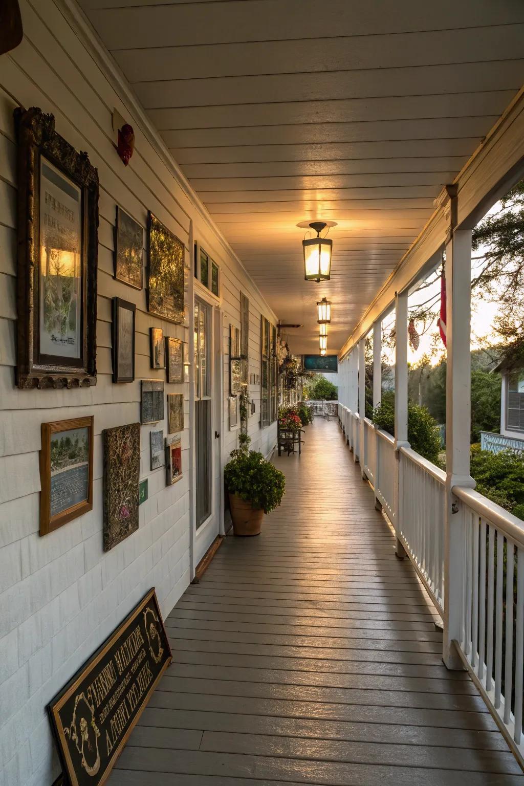 Artwork introduces visual depth and conveys a narrative on a porch.