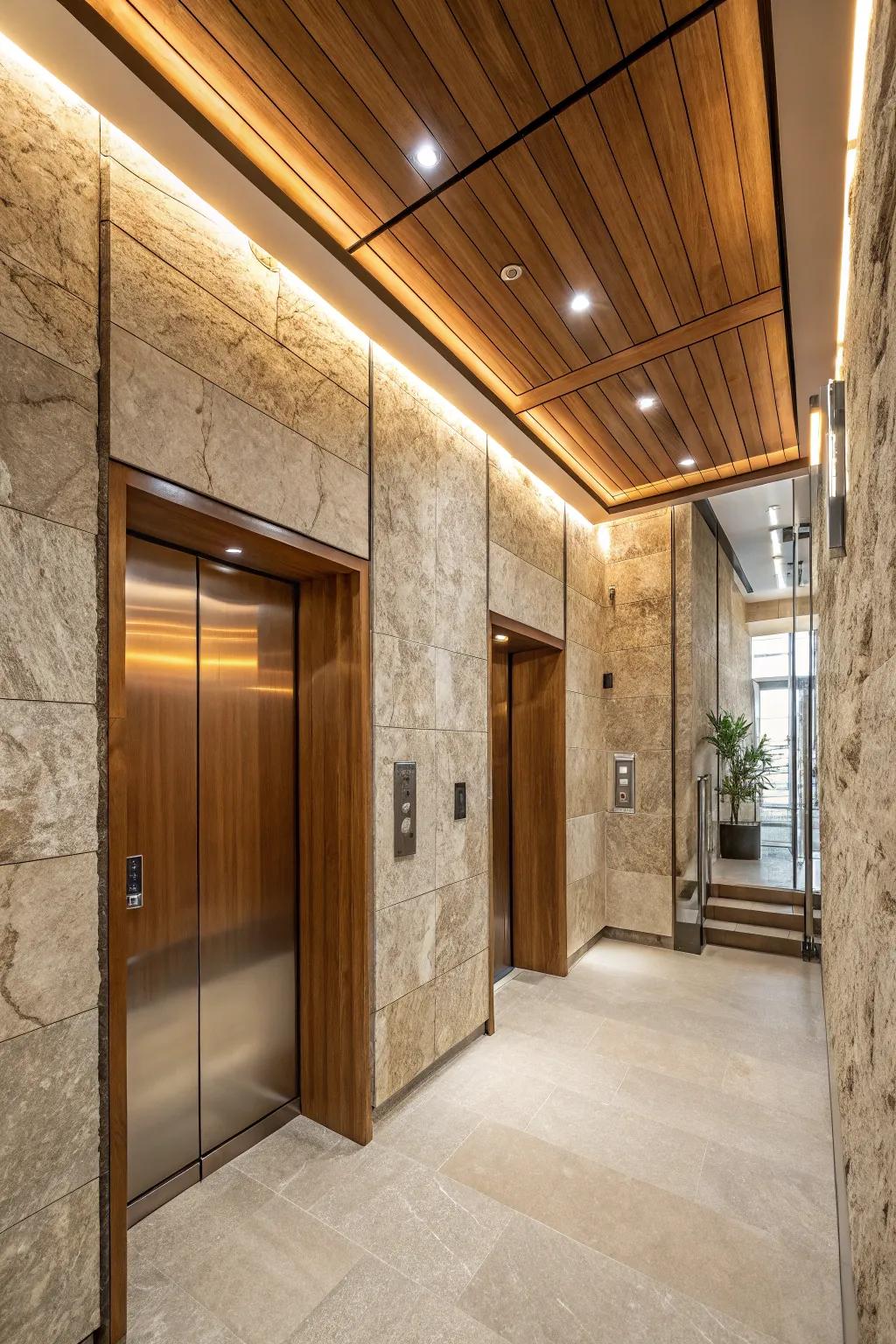 Natural materials create a warm and inviting elevator area.