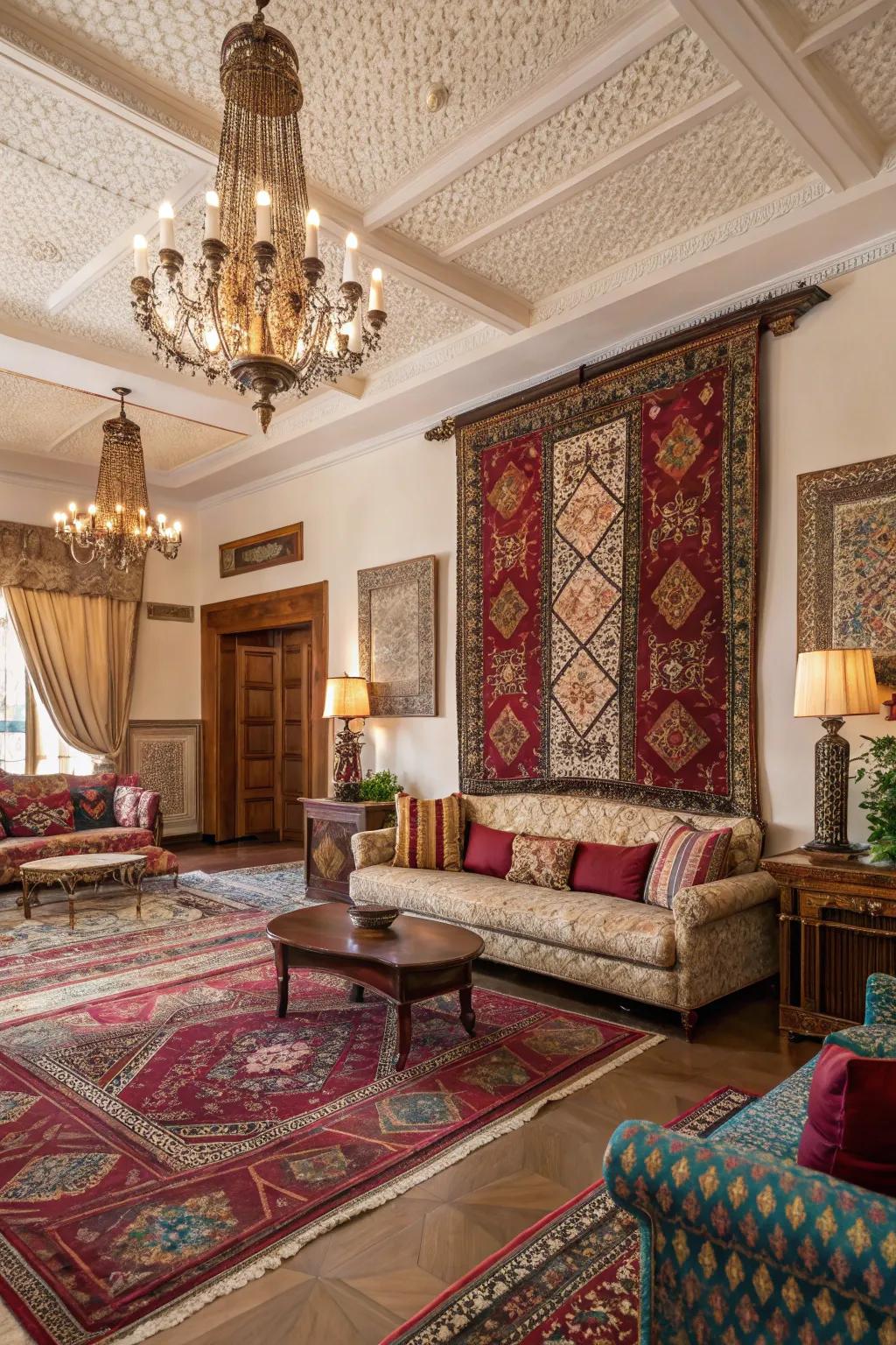 Distinctive textiles contribute unique flair to this living space.