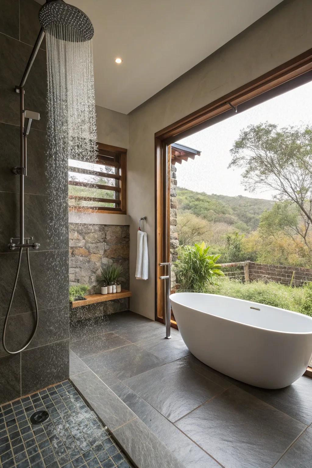 A spa-themed bathroom featuring a wet zone with a rainfall shower and unattached tub.