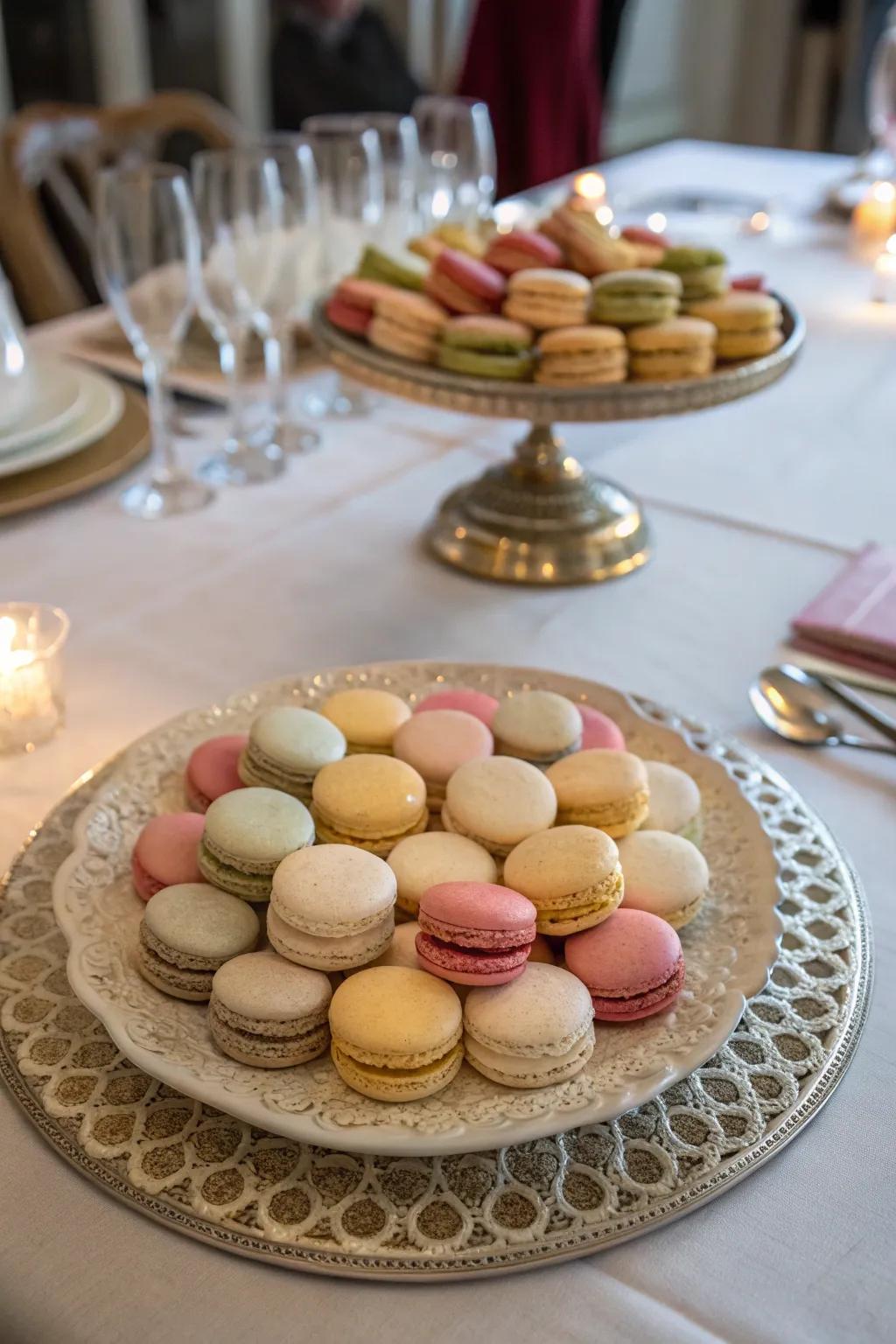 Macarons arranged on a fancy platter.