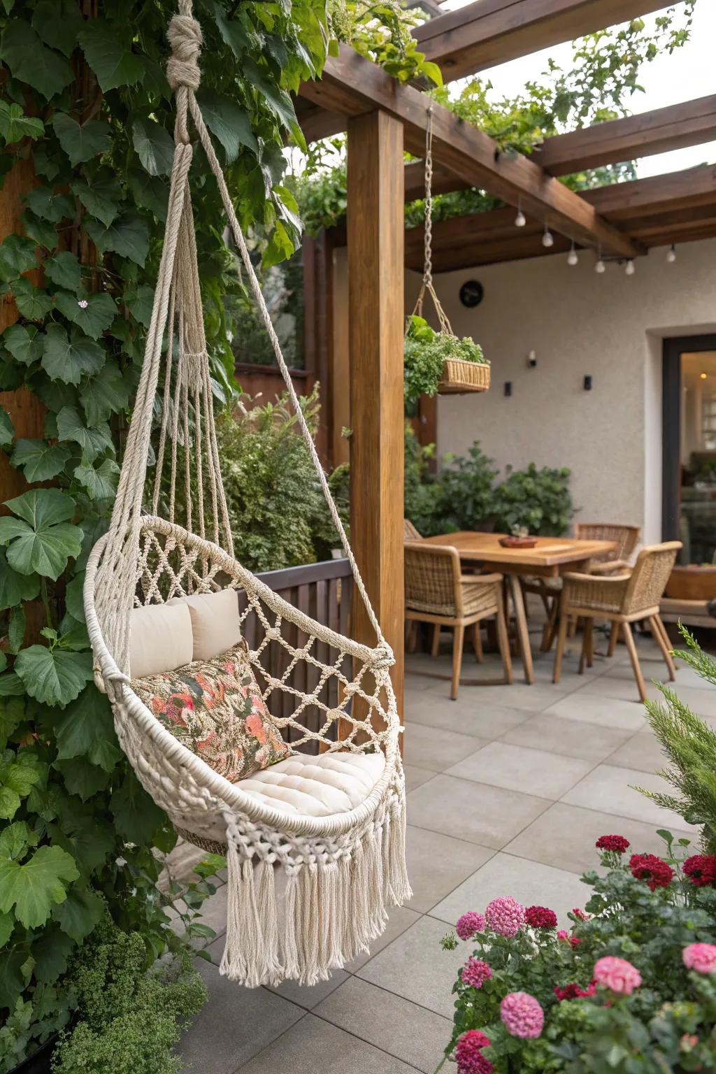 A knotwork swing seat providing playful seating.